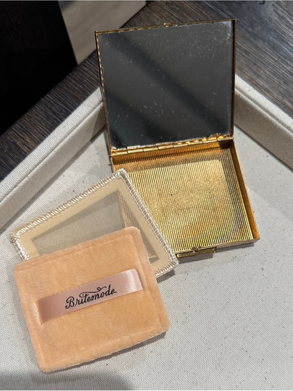 Vintage Britemode Gold Tone Powder Compact Mirror Original Puff